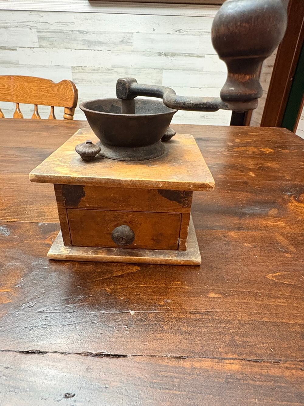 Antique Hand Crank Coffee Grinder Wood Box Cast Iron Mill Primitive Farmhouse